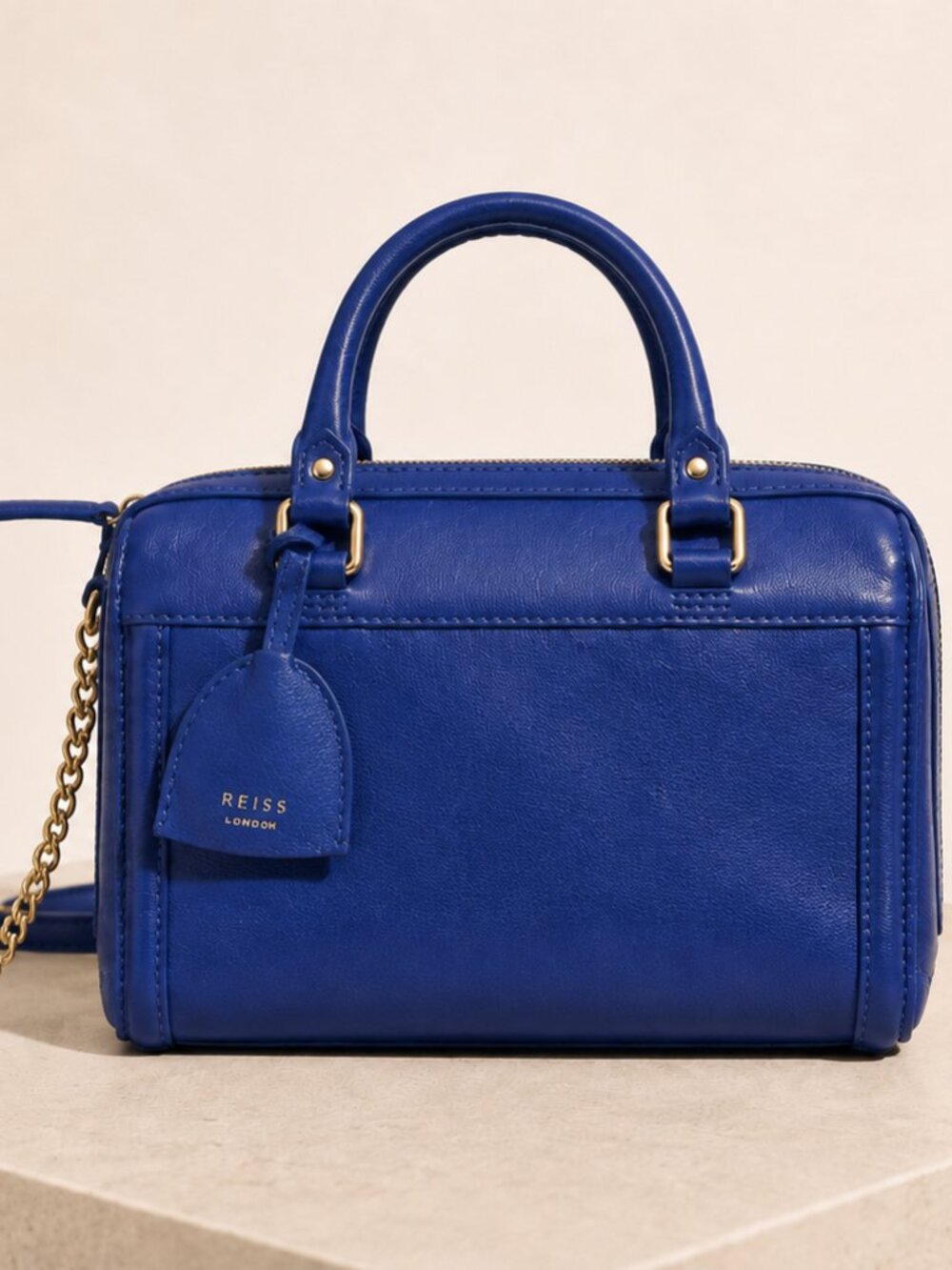 REISS Cobalt Blue Leather Mini Satchel Handbag Gold Chain Strap - Picture 2 of 4